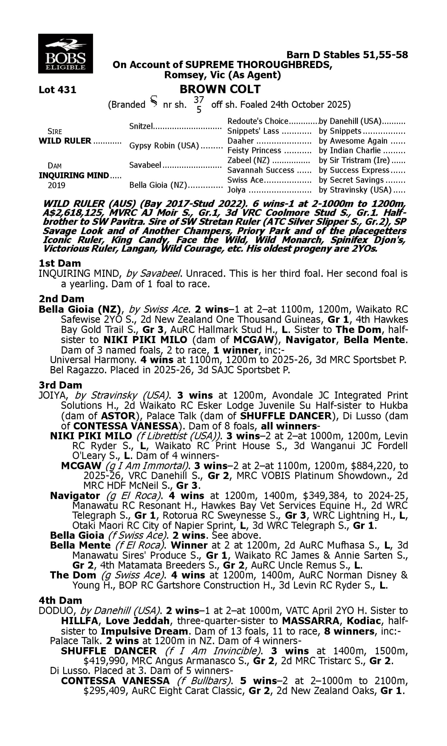 Pedigree for Lot 431 Wild Ruler - Inquiring Mind