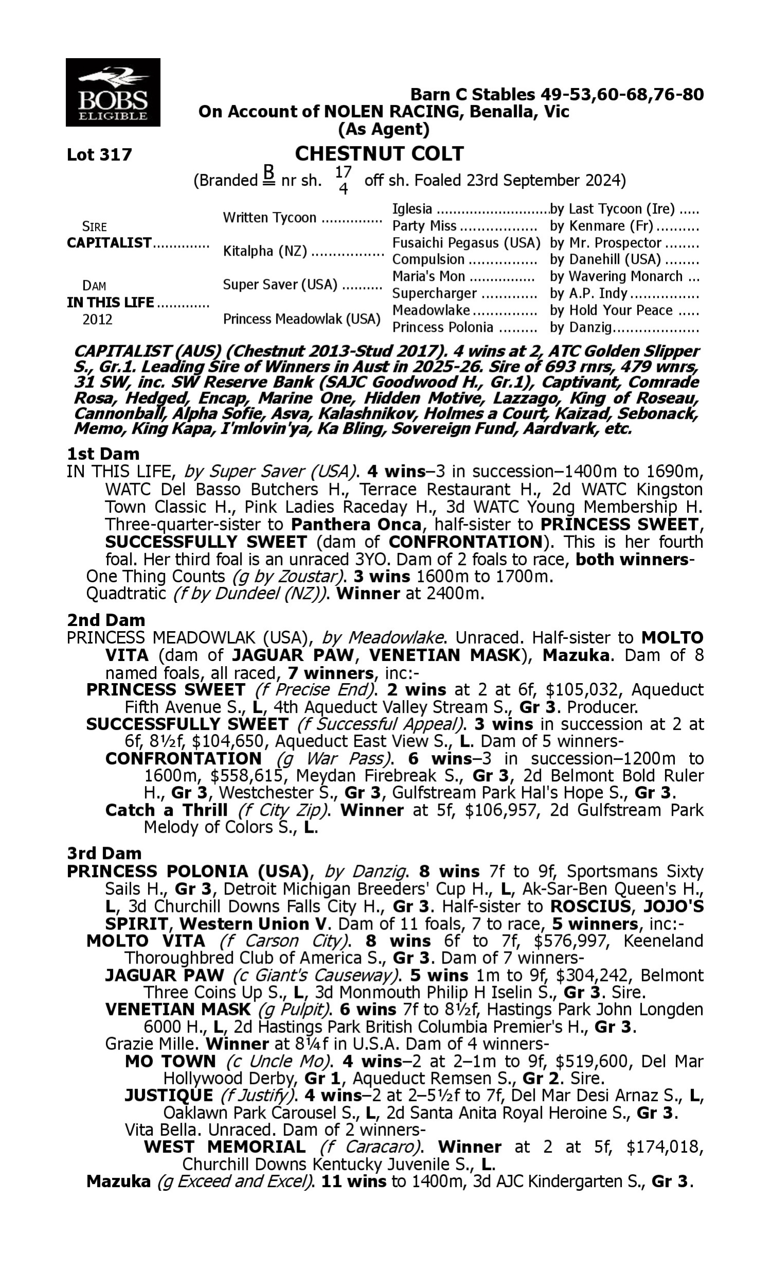 Pedigree for Lot 317 Capitalist - In This Life