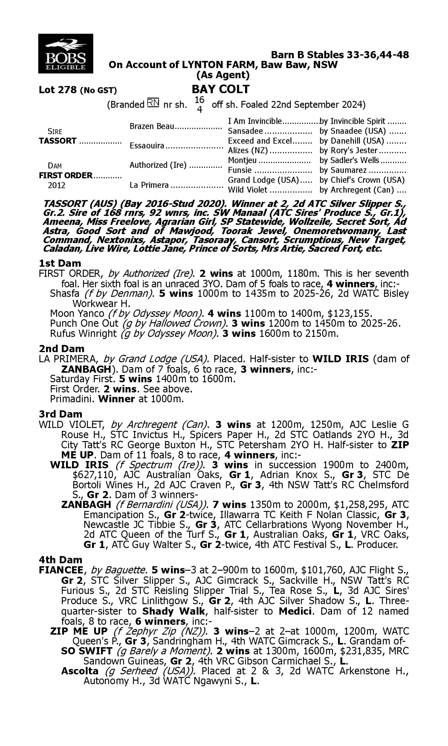 Pedigree for Lot 278 Tassort - First Order