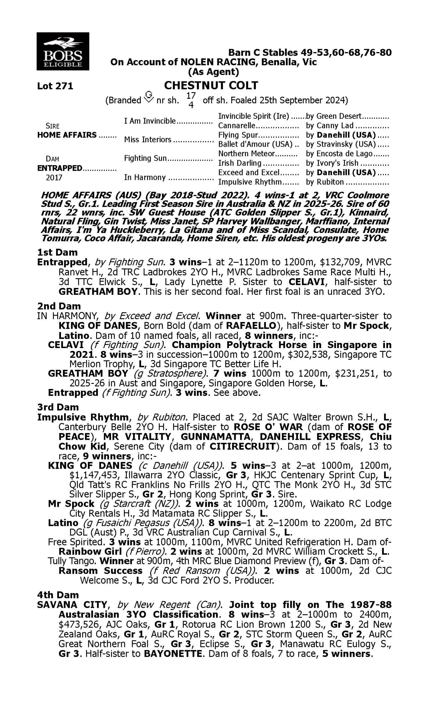 Pedigree for Lot 271 Home Affairs - Entrapped