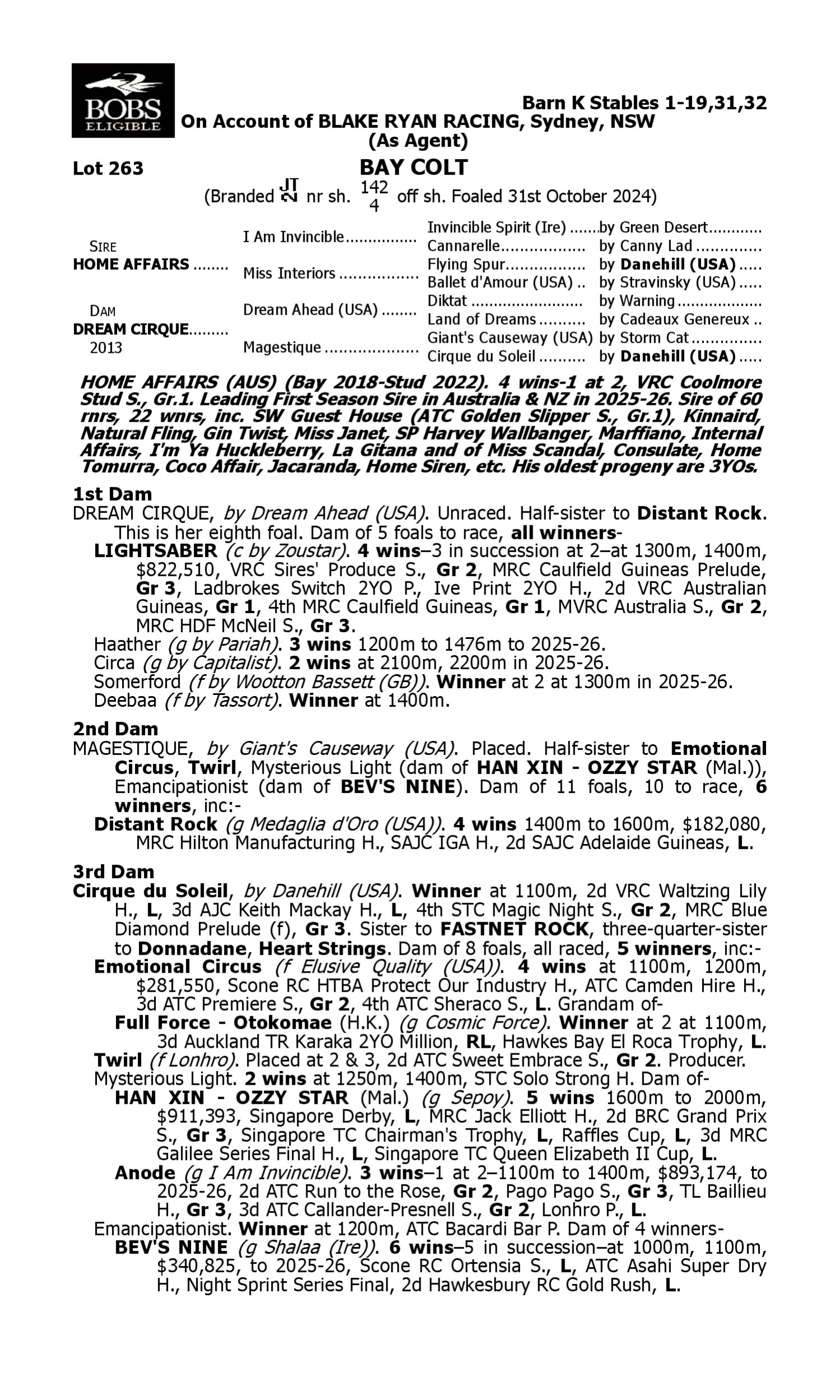 Pedigree for Lot 263 Home Affairs - Dream Cirque