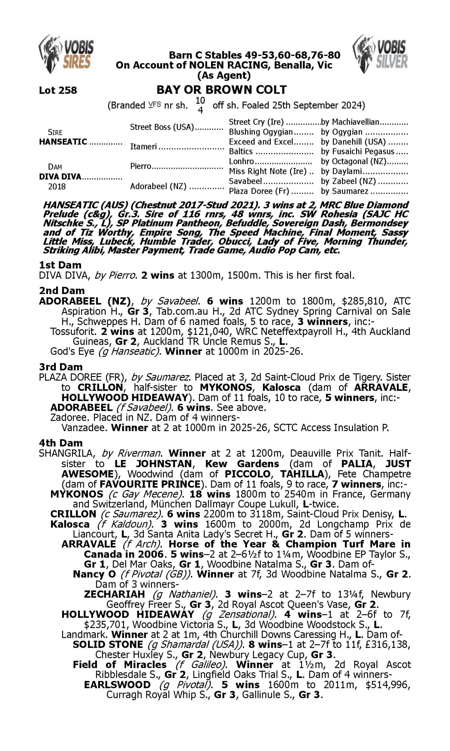 Pedigree for Lot 258 Hanseatic - Diva Diva