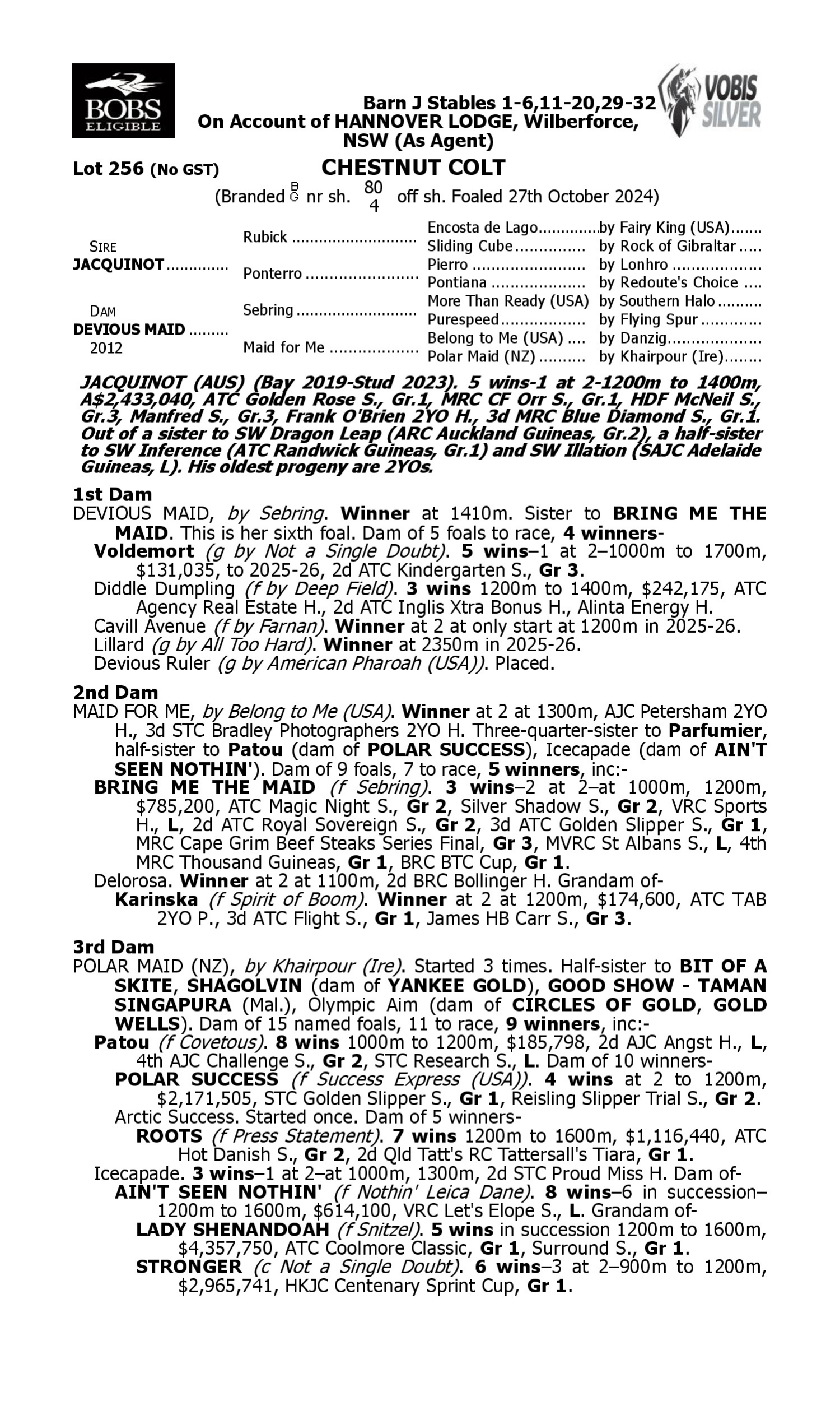 Pedigree for Lot 256 Jacquinot - Devious Maid