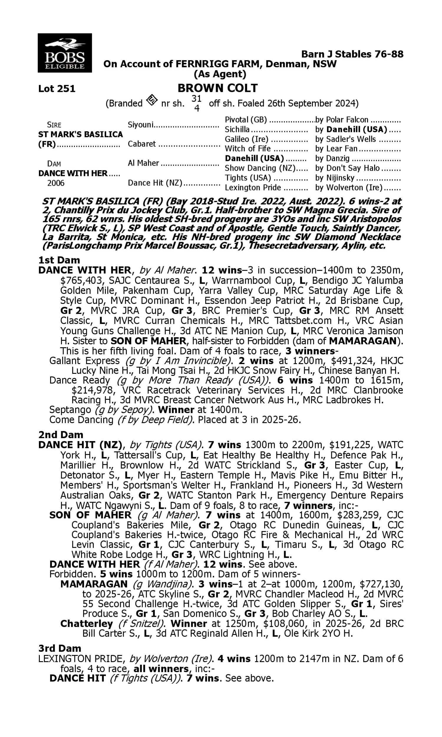 Pedigree for Lot 251 St Mark's Basilica (FR) - Dance With Her