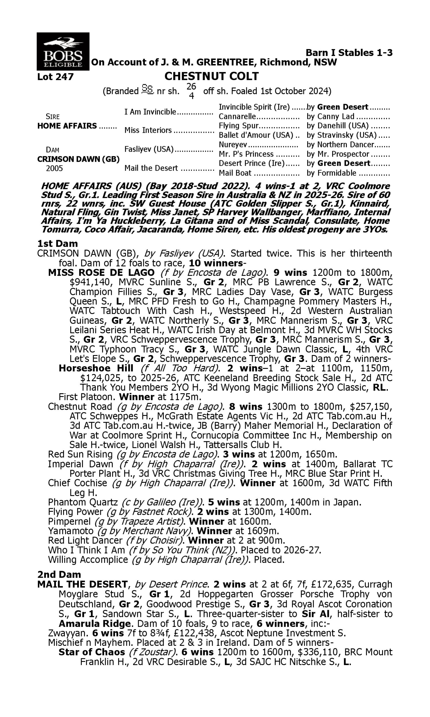 Pedigree for Lot 247 Home Affairs - Crimson Dawn (GB)