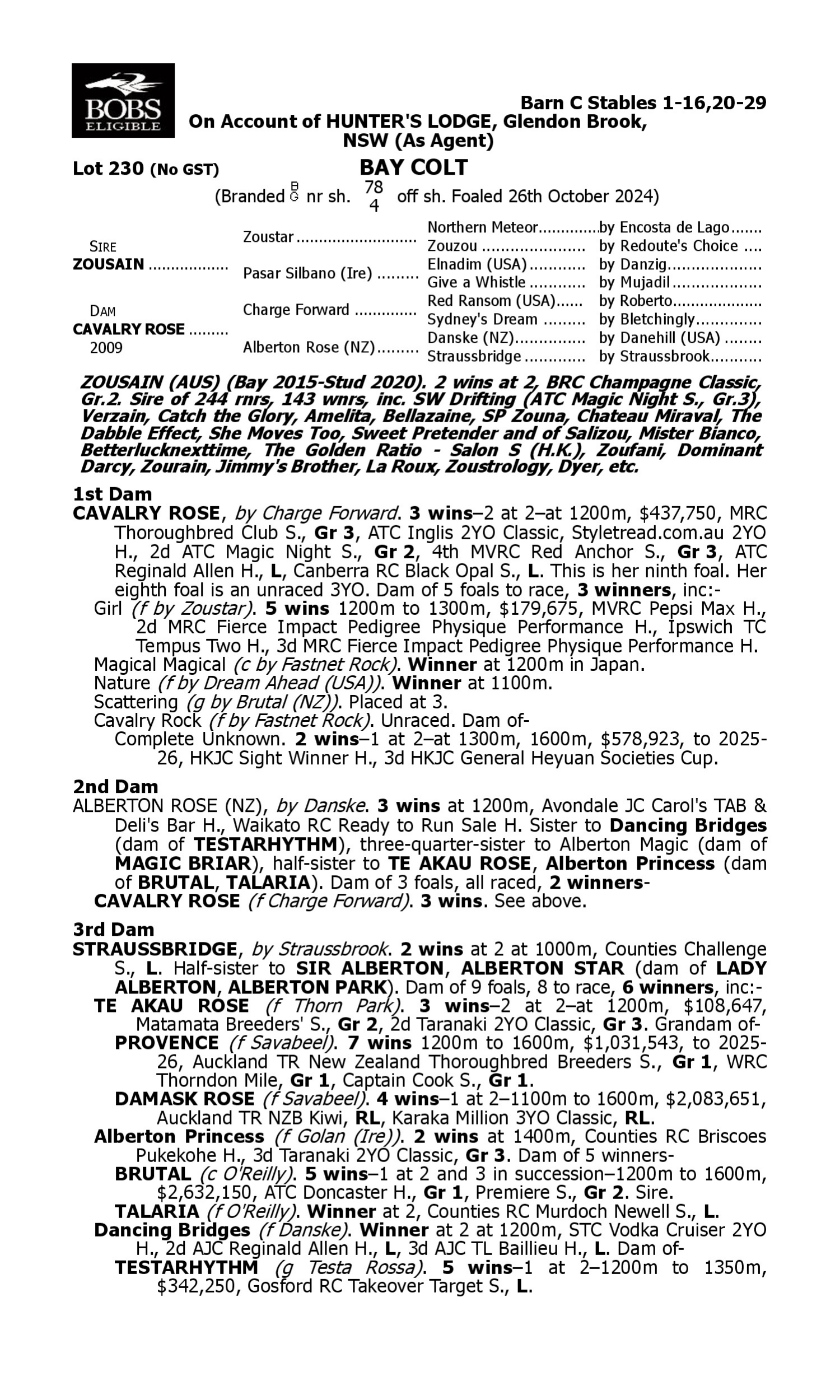 Pedigree for Lot 230 Zousain - Cavalry Rose
