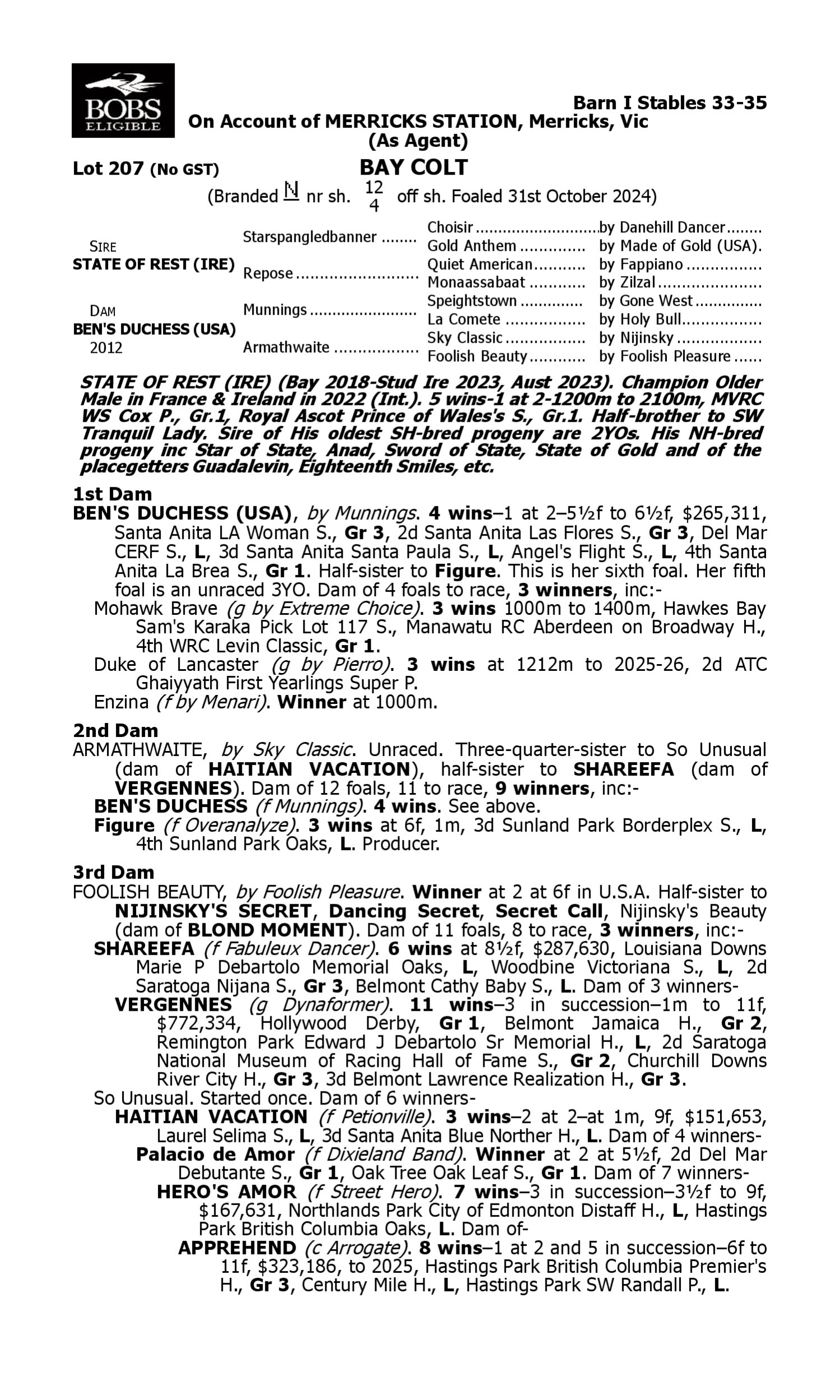 Pedigree for Lot 207 State of Rest (IRE) - Ben's Duchess (USA)
