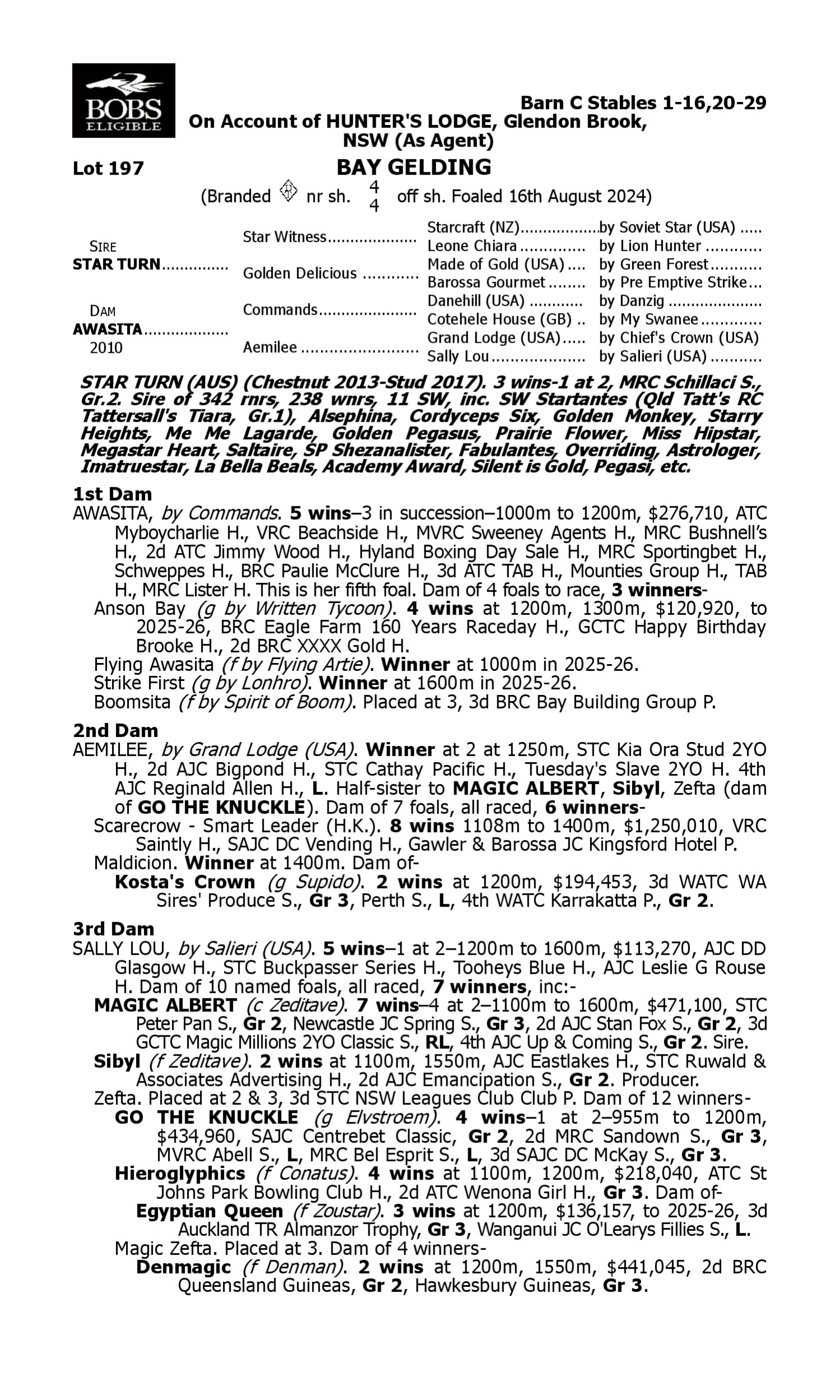 Pedigree for Lot 197 Star Turn - Awasita