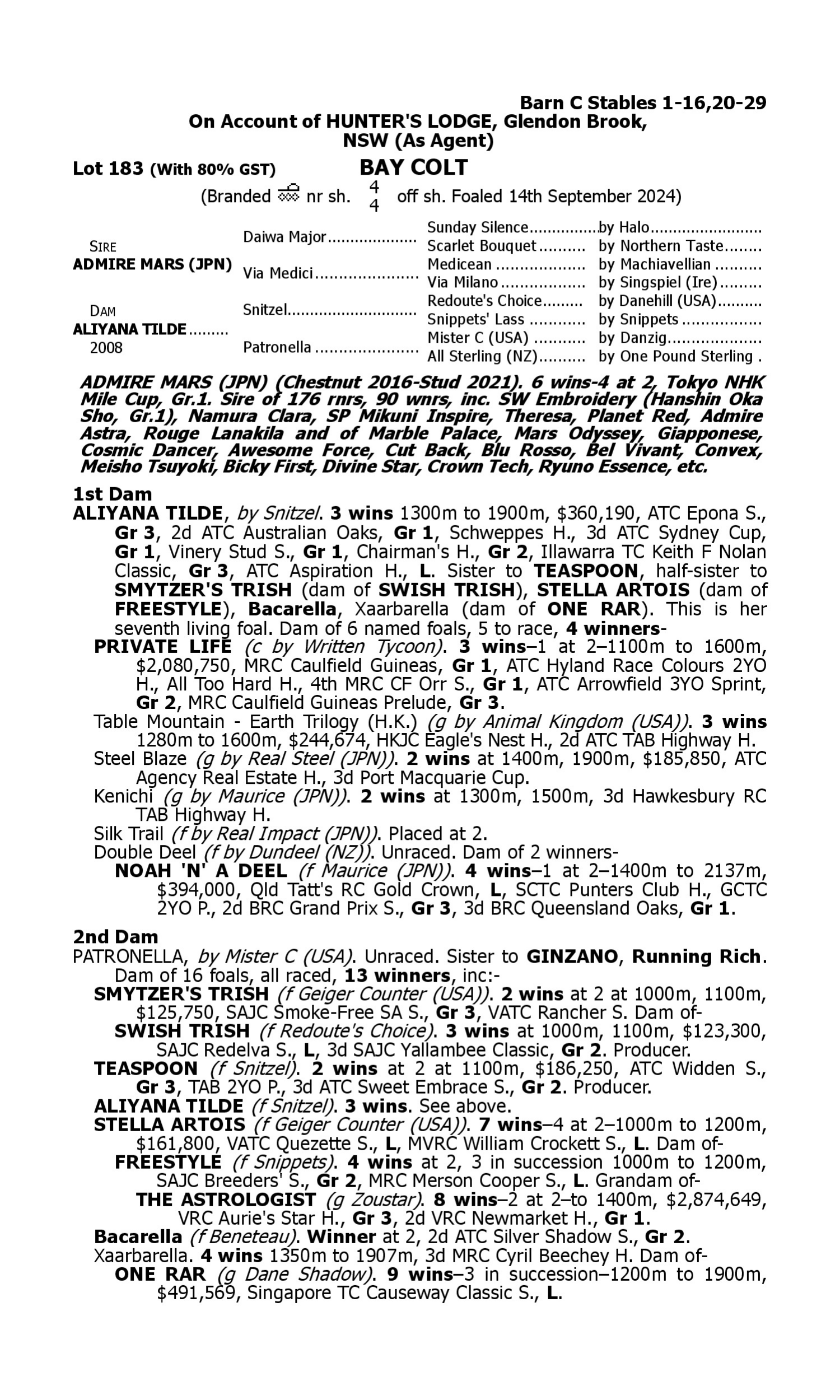 Pedigree for Lot 183 Admire Mars (JPN) - Aliyana Tilde