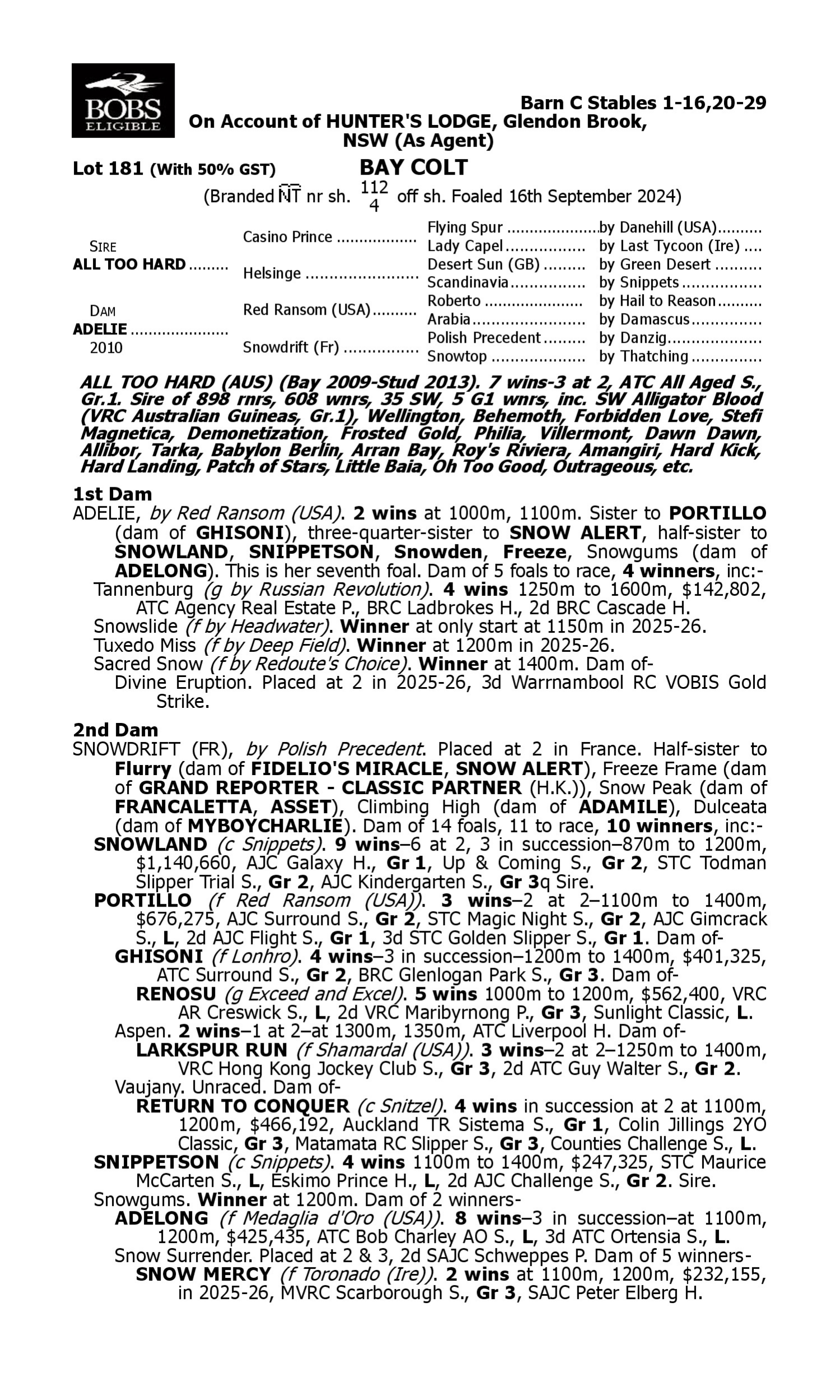Pedigree for Lot 181 All Too Hard - Adelie