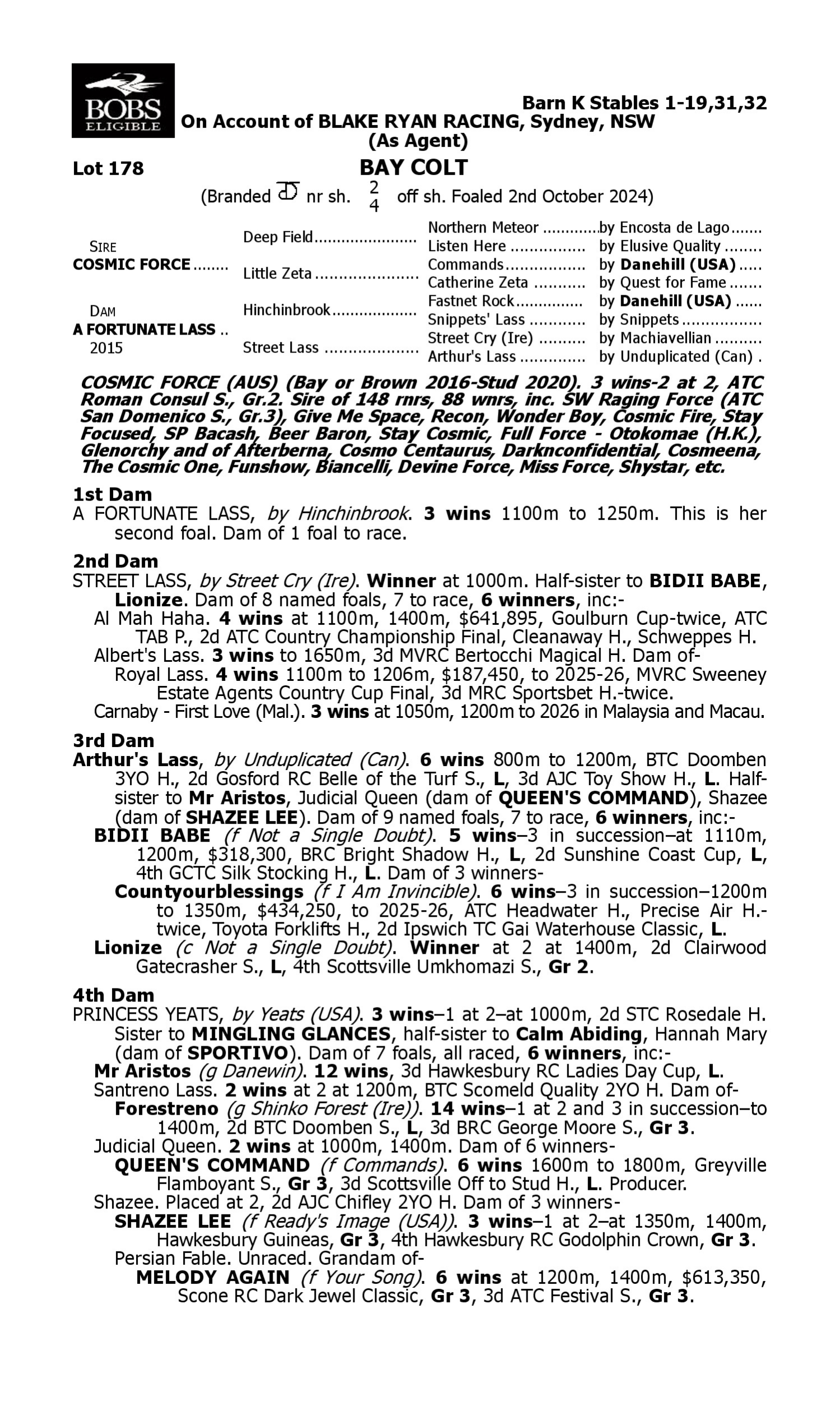 Pedigree for Lot 178 Cosmic Force - A Fortunate Lass