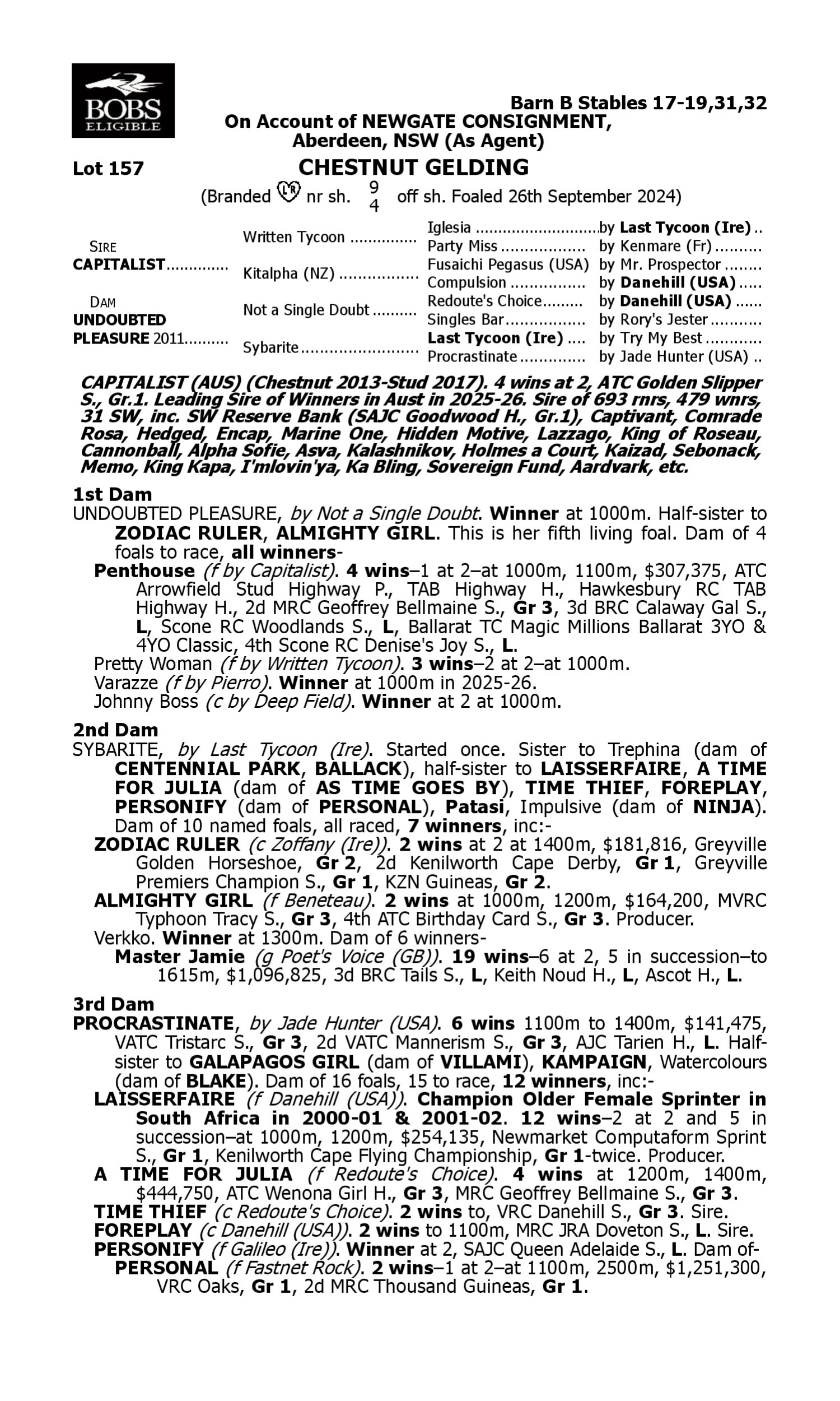 Pedigree for Lot 157 Capitalist - Undoubted Pleasure