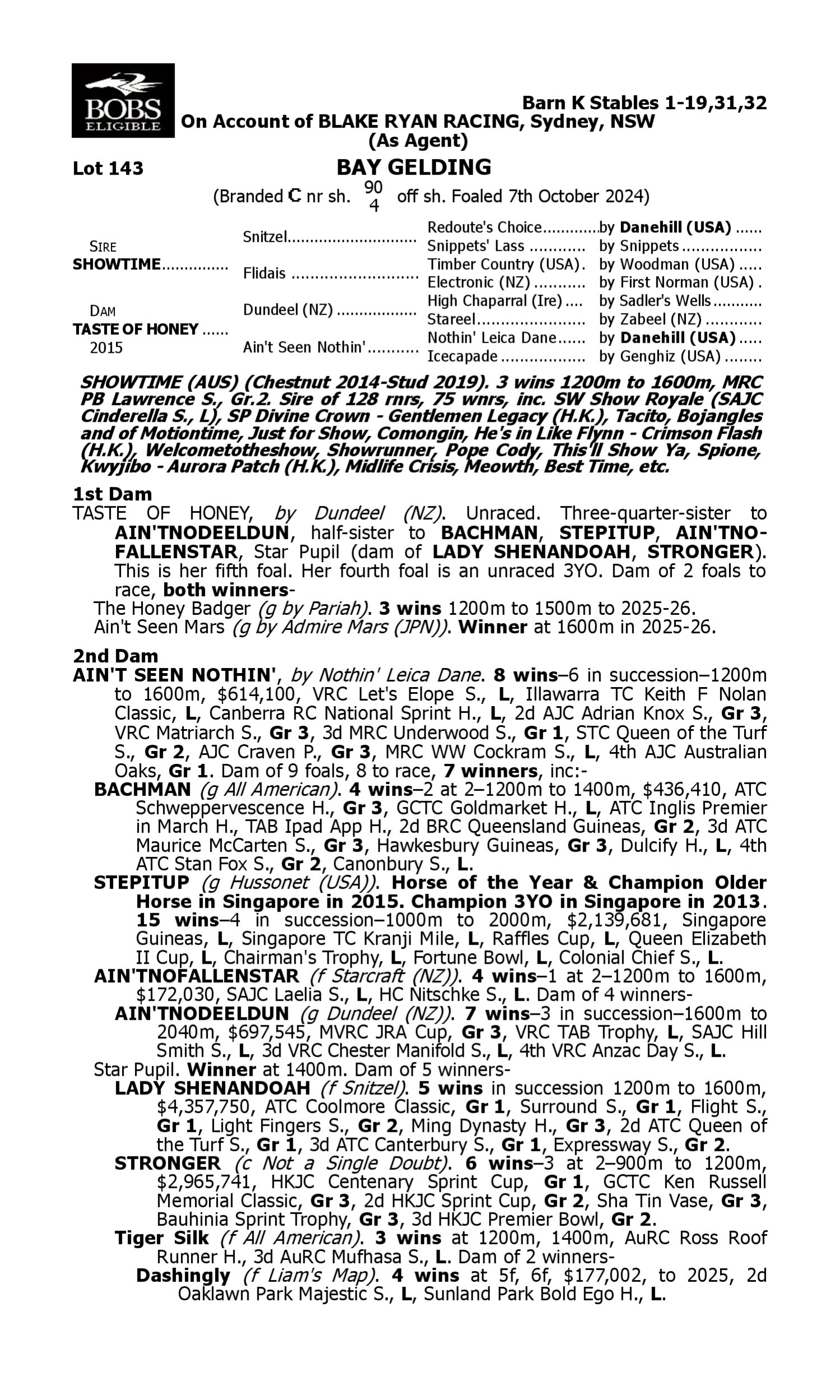 Pedigree for Lot 143 Showtime - Taste of Honey