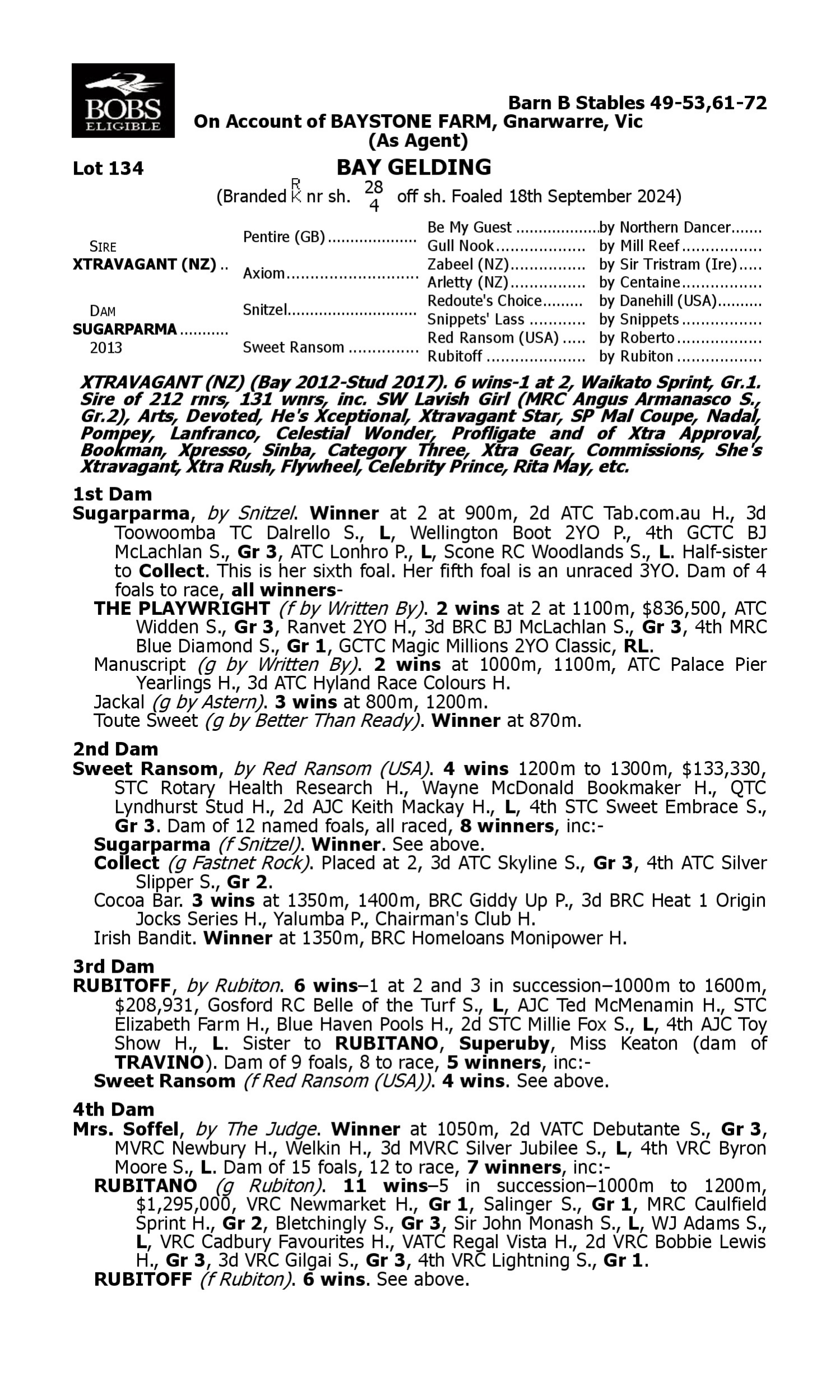 Pedigree for Lot 134 Xtravagant (NZ) - Sugarparma