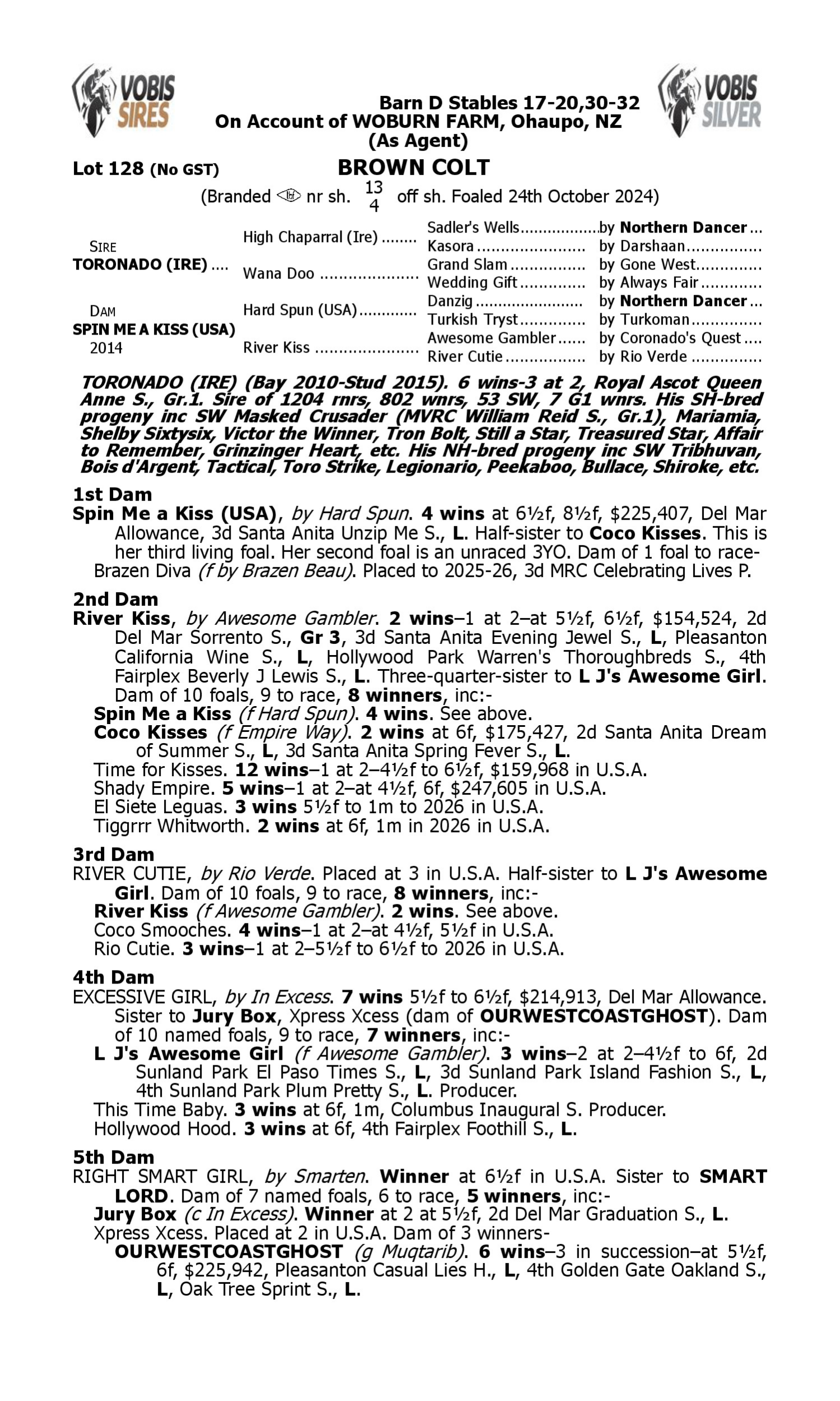 Pedigree for Lot 128 Toronado (IRE) - Spin Me a Kiss (USA)