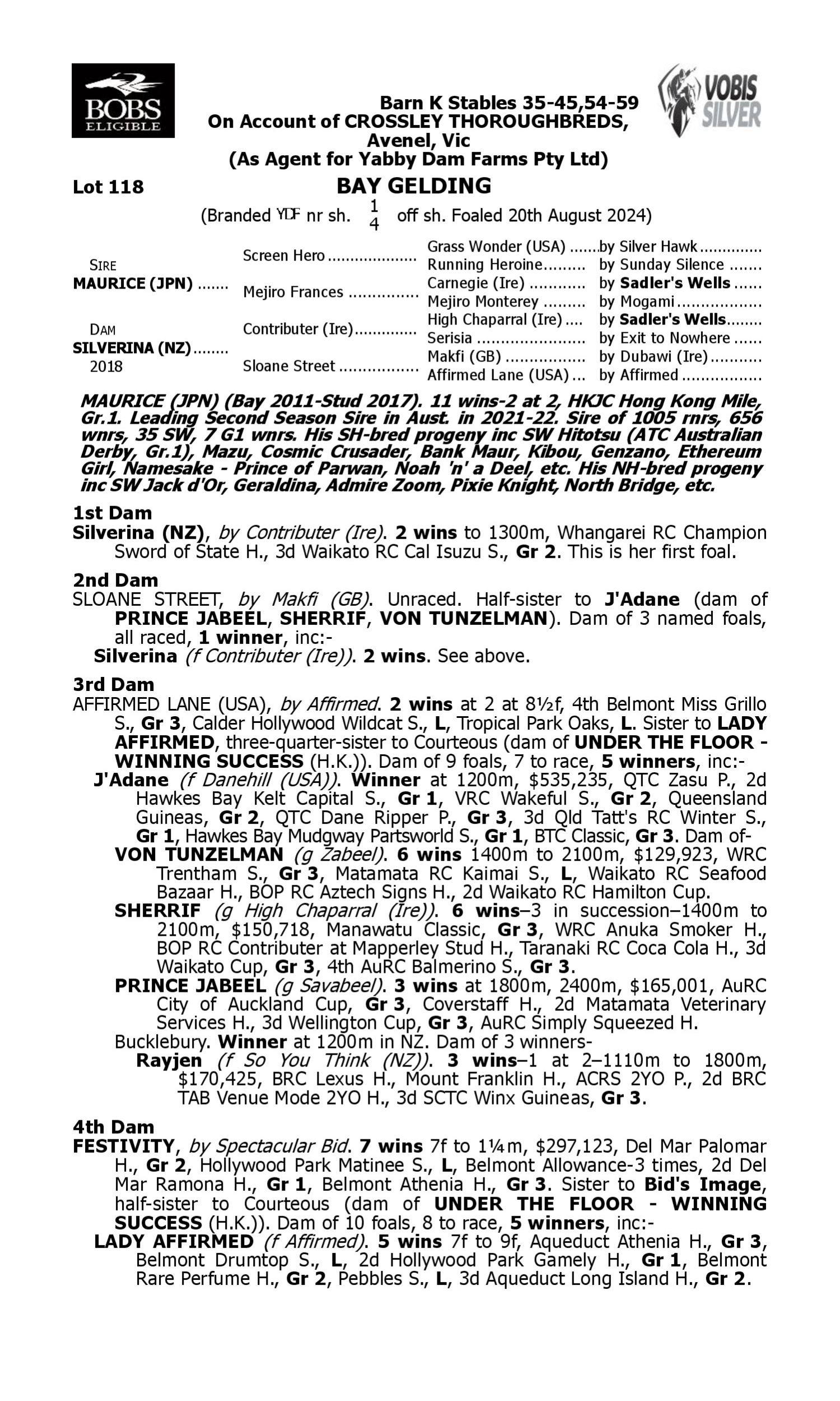 Pedigree for Lot 118 Maurice (JPN) - Silverina (NZ)