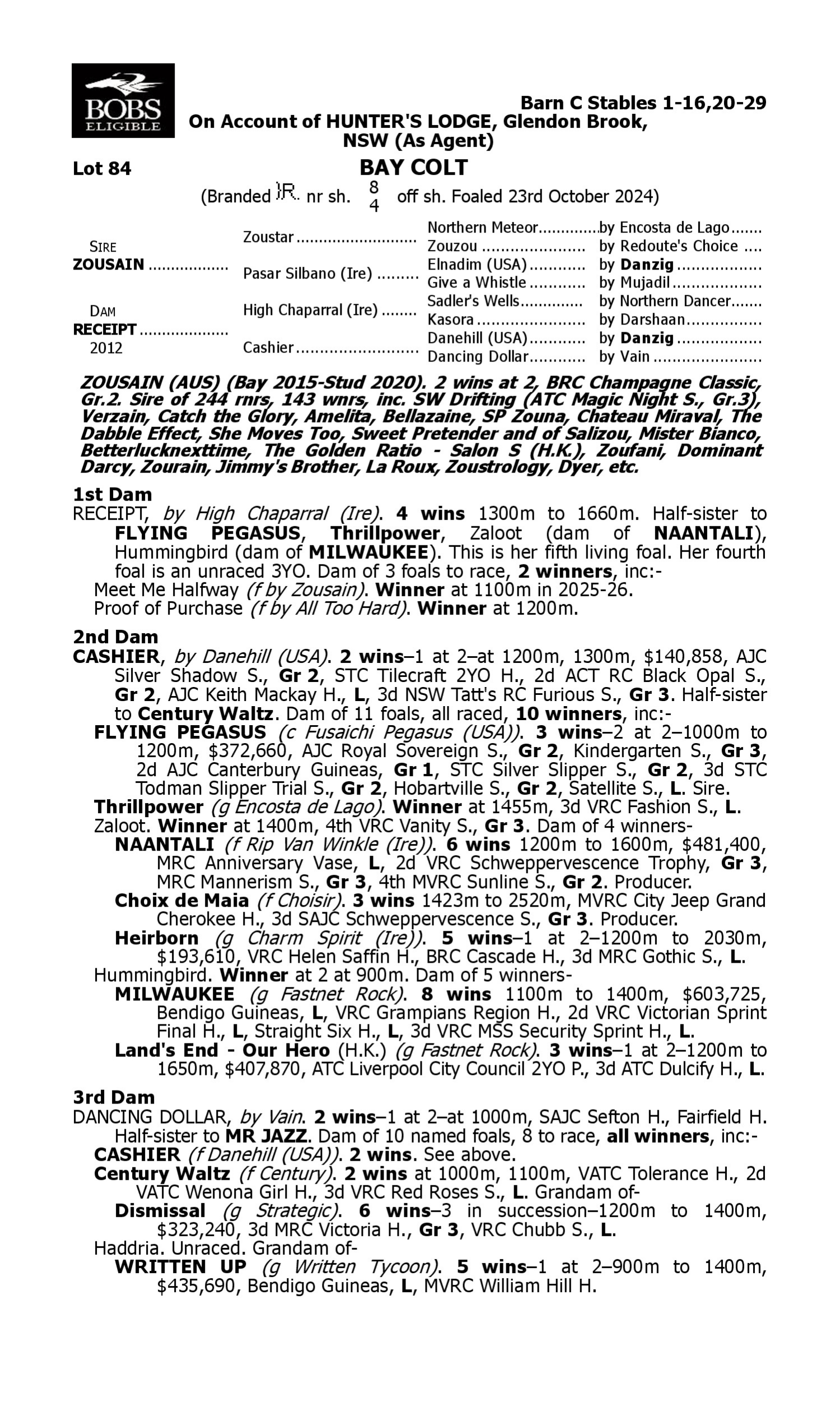 Pedigree for Lot 84 Zousain - Receipt