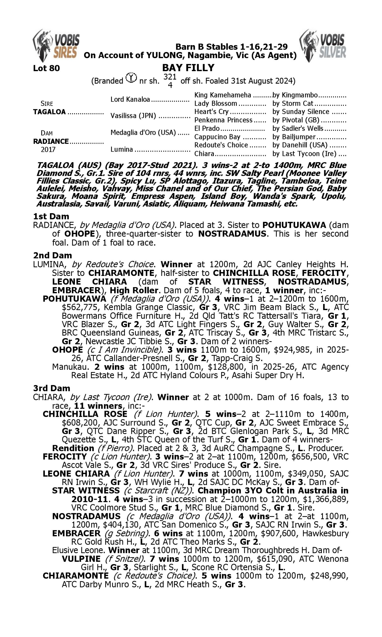 Pedigree for Lot 80 Tagaloa - Radiance