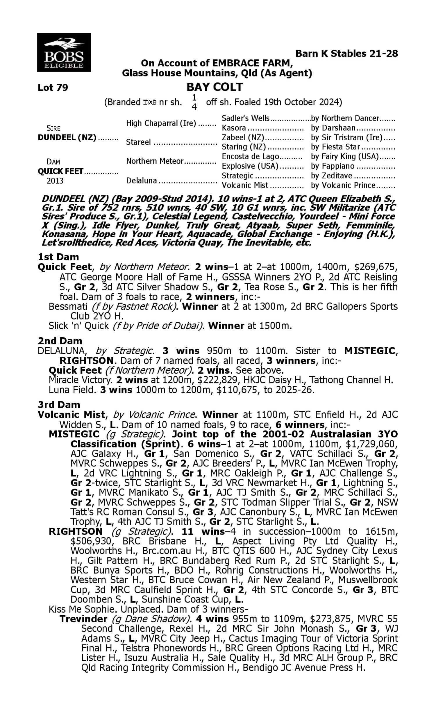 Pedigree for Lot 79 Dundeel (NZ) - Quick Feet