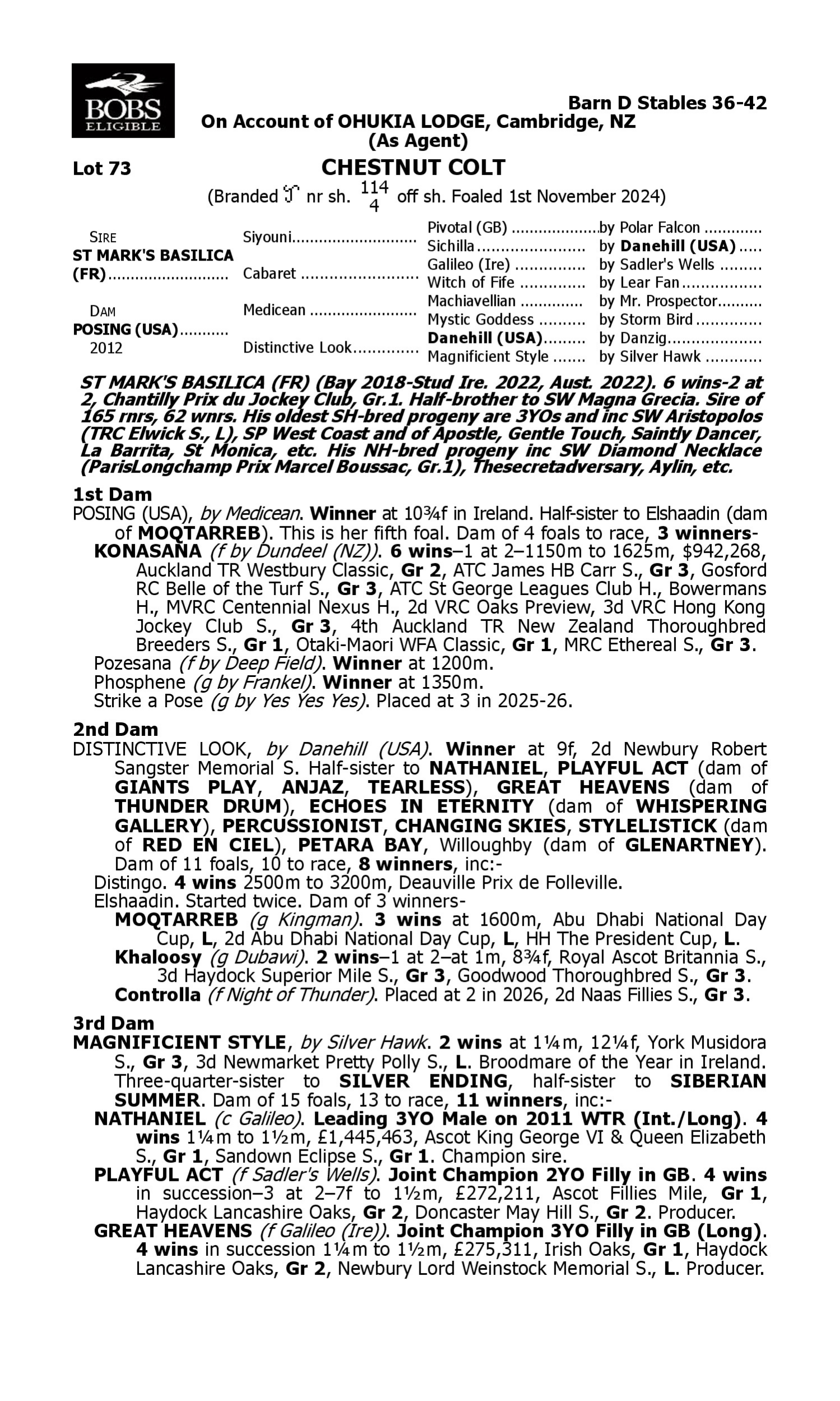 Pedigree for Lot 73 St Mark's Basilica (FR) - Posing (USA)
