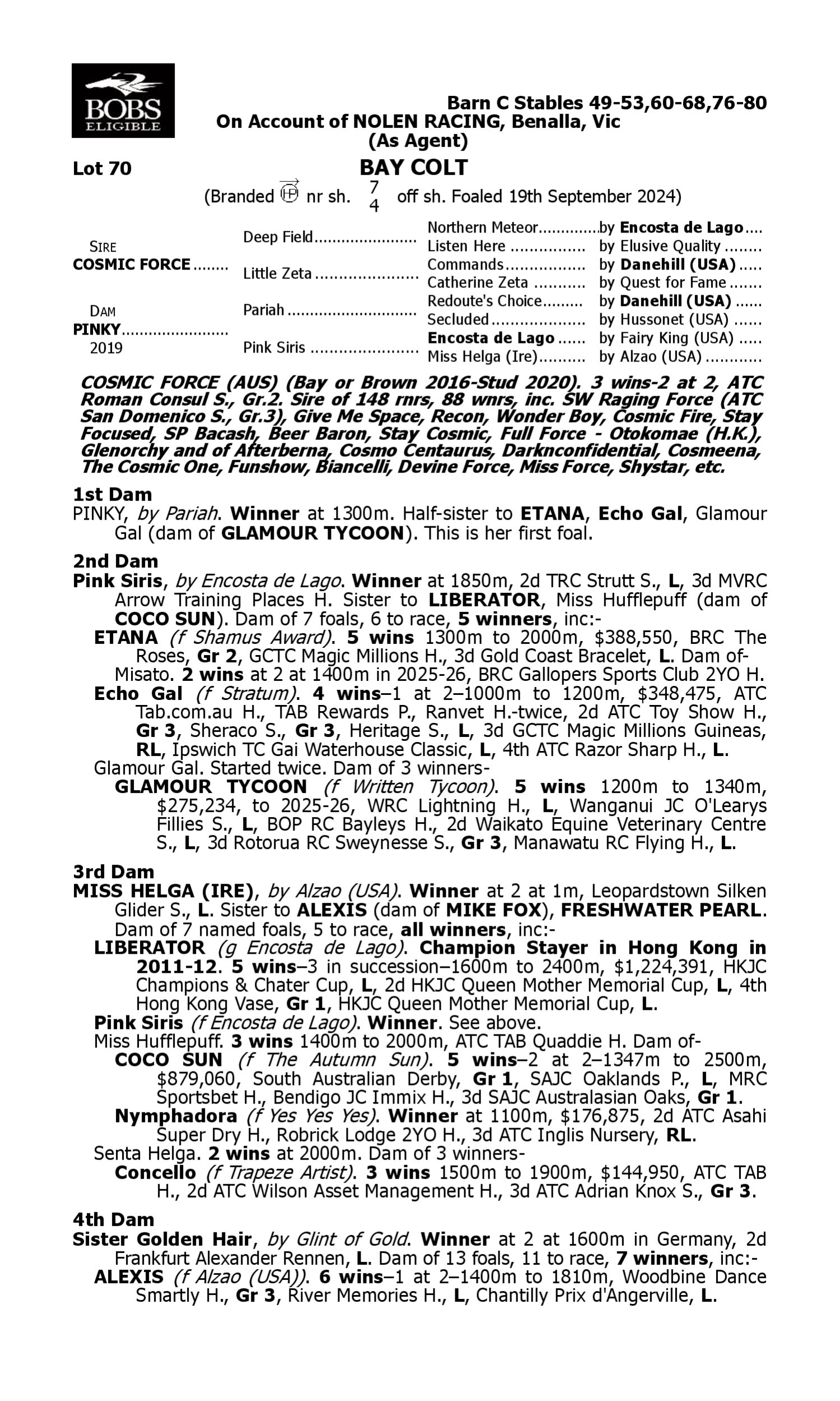 Pedigree for Lot 70 Cosmic Force - Pinky