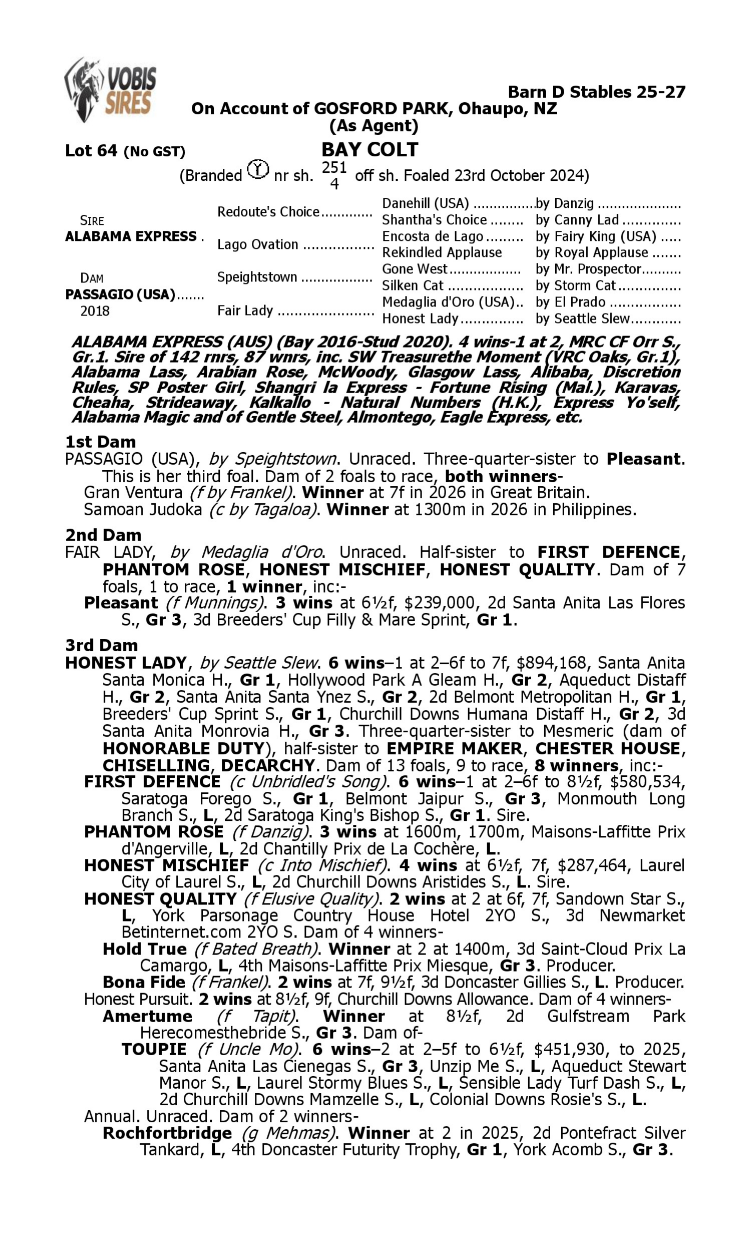 Pedigree for Lot 64 Alabama Express - Passagio (USA)