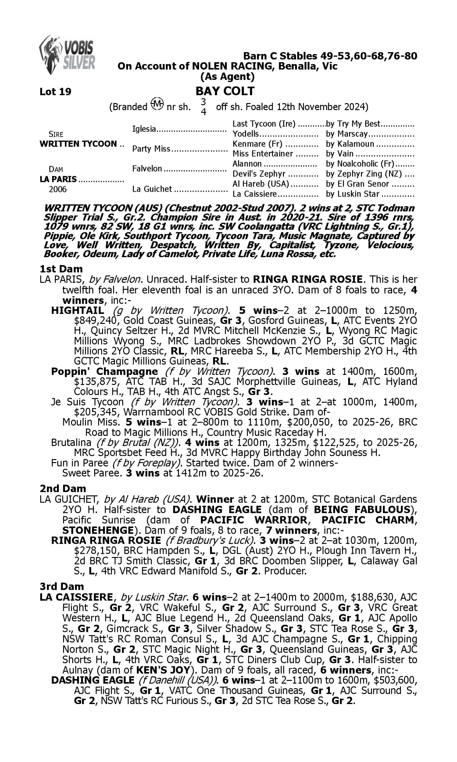 Pedigree for Lot 19 Written Tycoon - La Paris