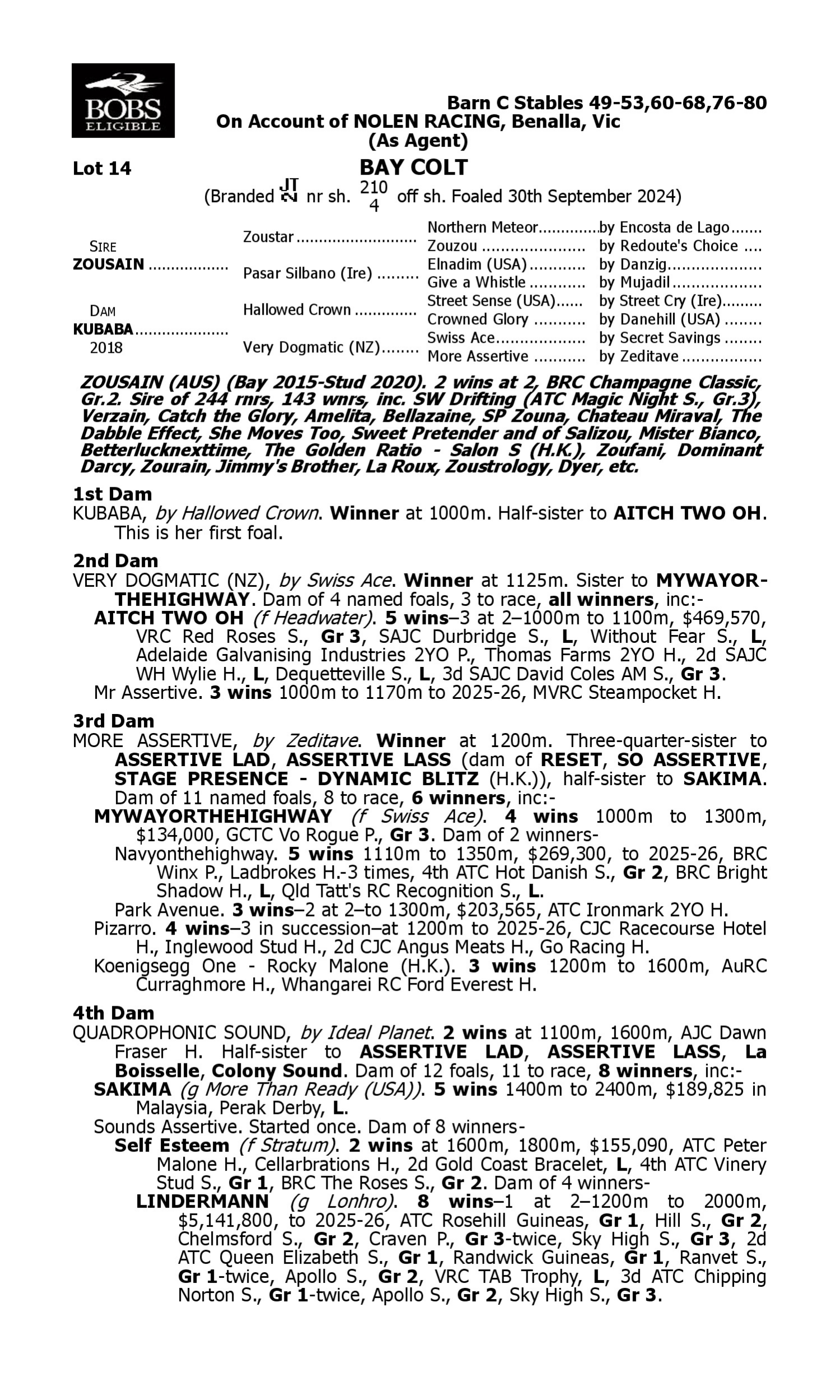 Pedigree for Lot 14 Zousain - Kubaba
