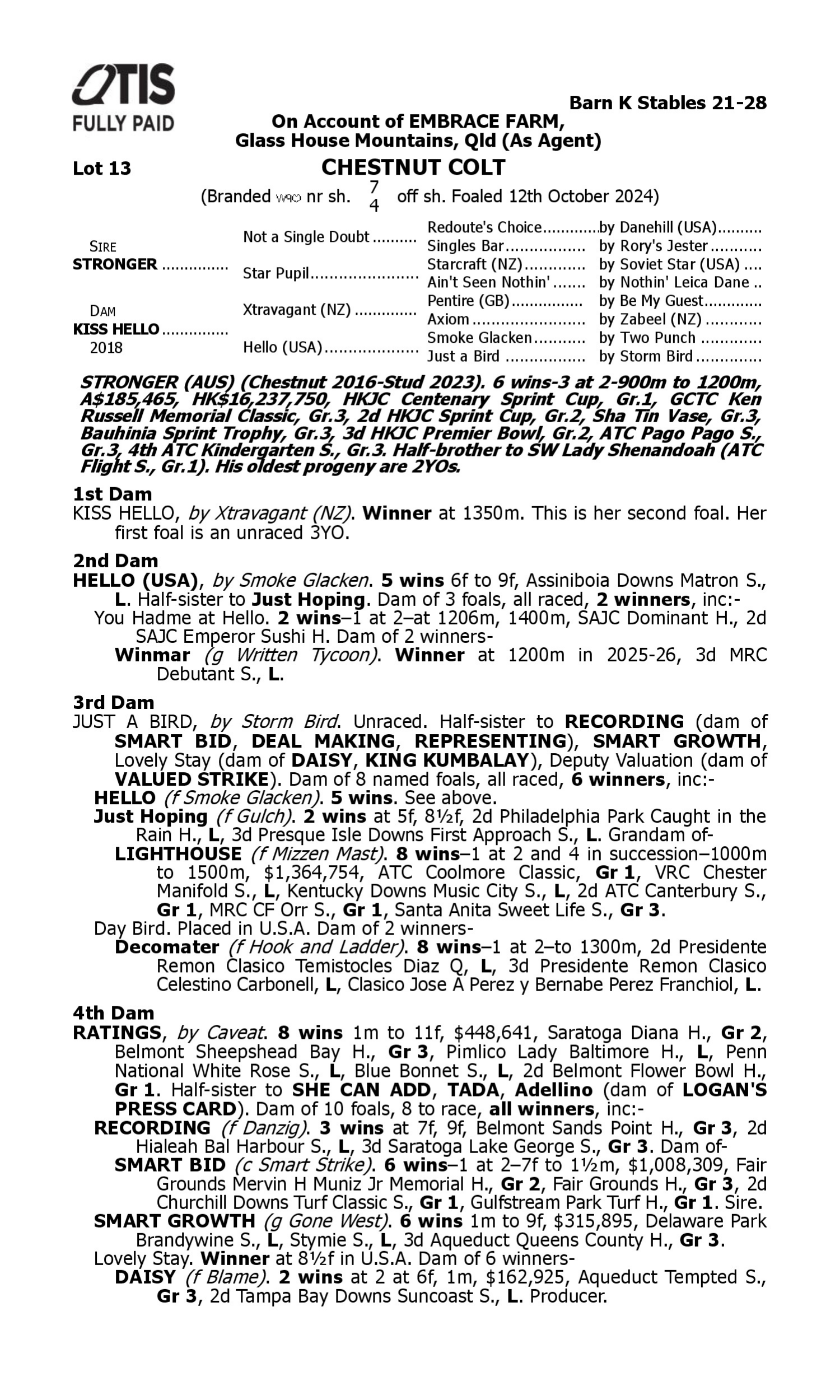 Pedigree for Lot 13 Stronger - Kiss Hello