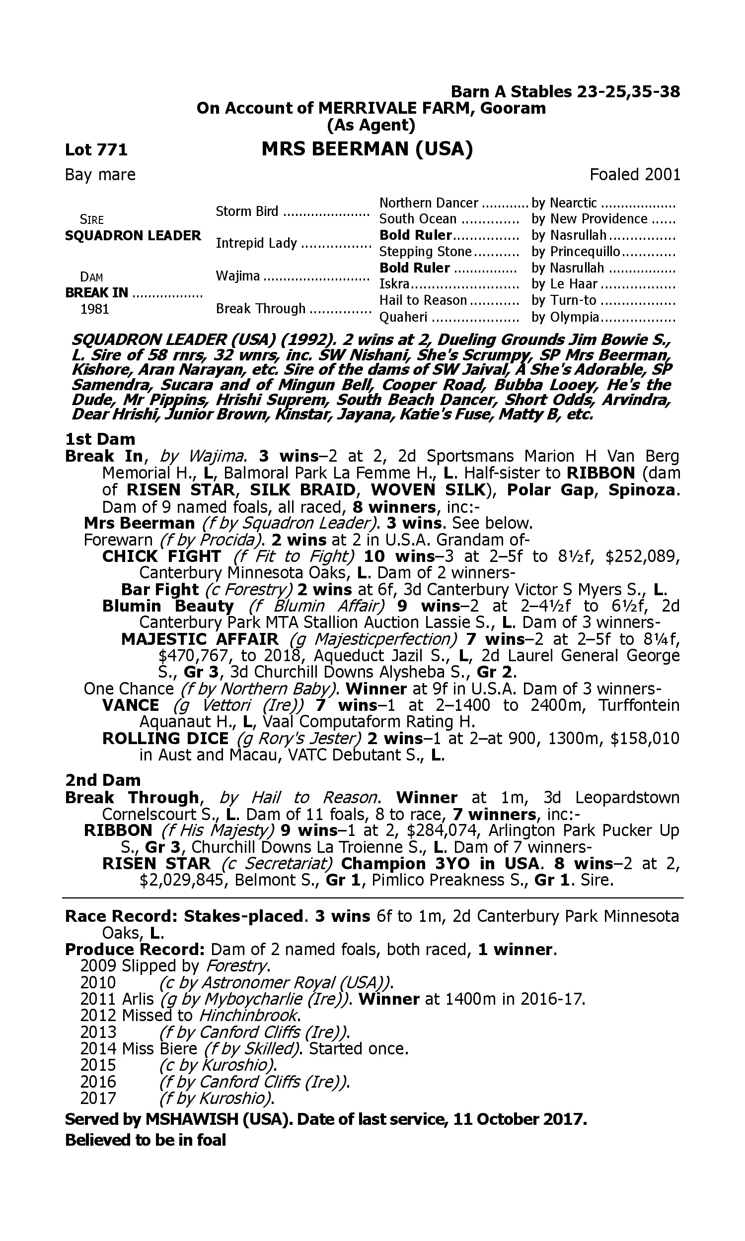 Pedigree for Lot 771 Squadron Leader (USA) - Break In (USA)