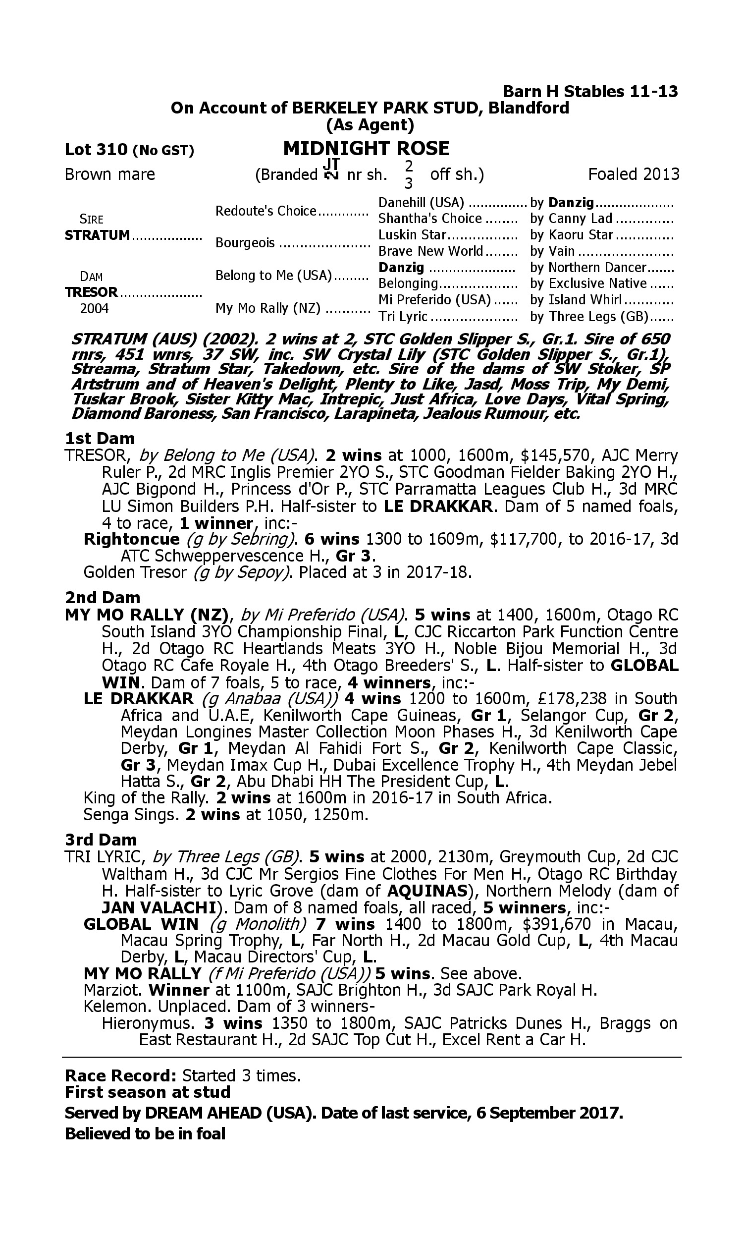 Pedigree for Lot 310 Stratum - Tresor