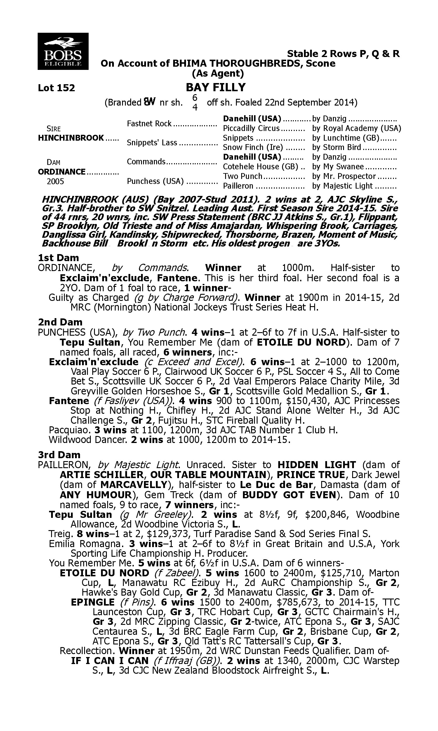 Pedigree for Lot 152 Hinchinbrook - Ordinance