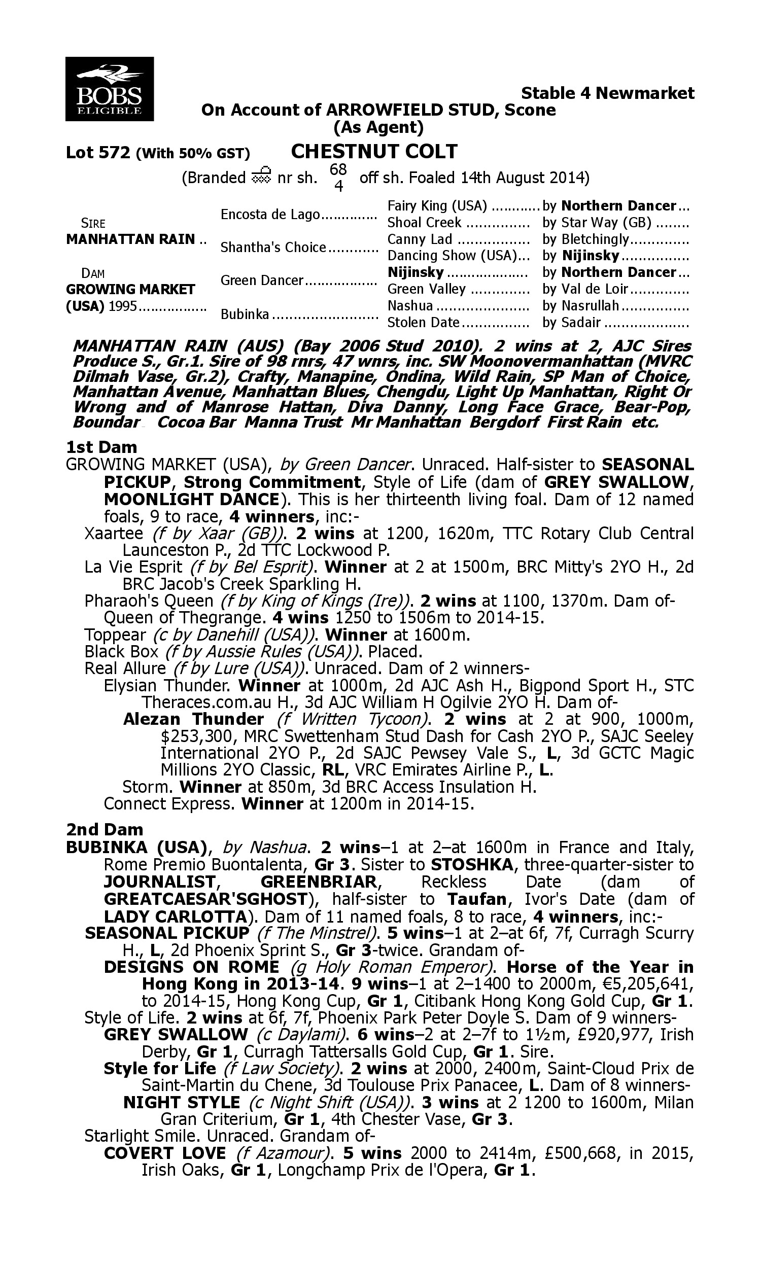 Pedigree for Lot 572 Manhattan Rain - Growing Market (USA)