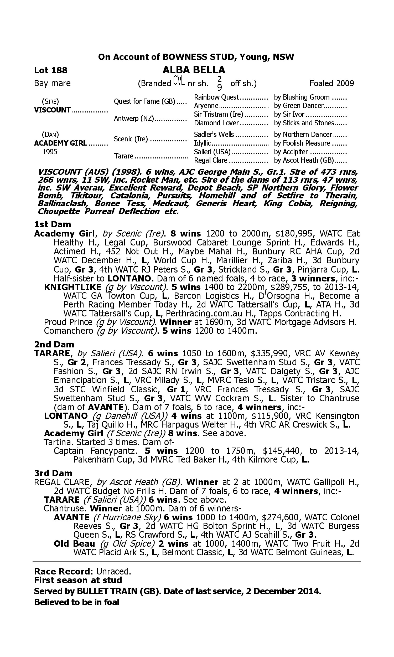 Pedigree for Lot 188 Viscount - Academy Girl