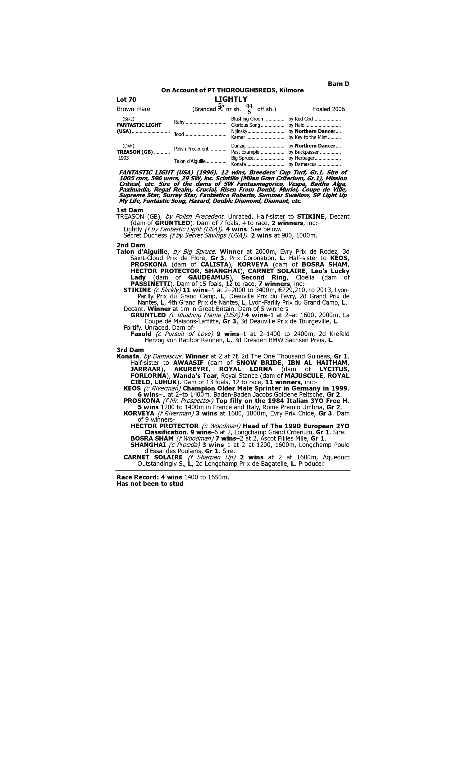 Pedigree for Lot 70 Fantastic Light (USA) - Treason (GB)