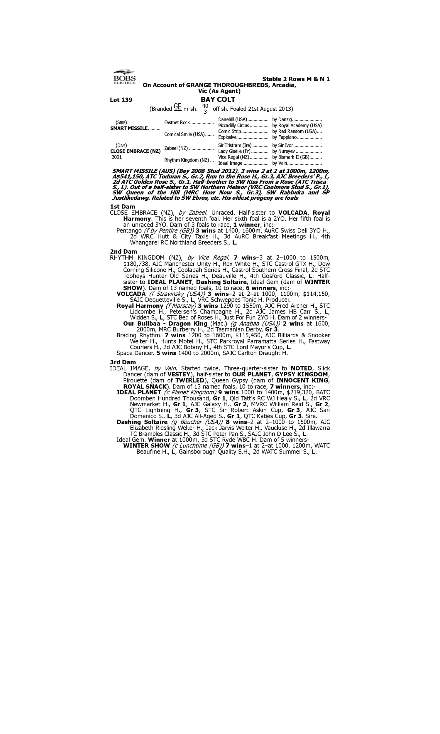 Pedigree for Lot 139 Smart Missile - Close Embrace (NZ)
