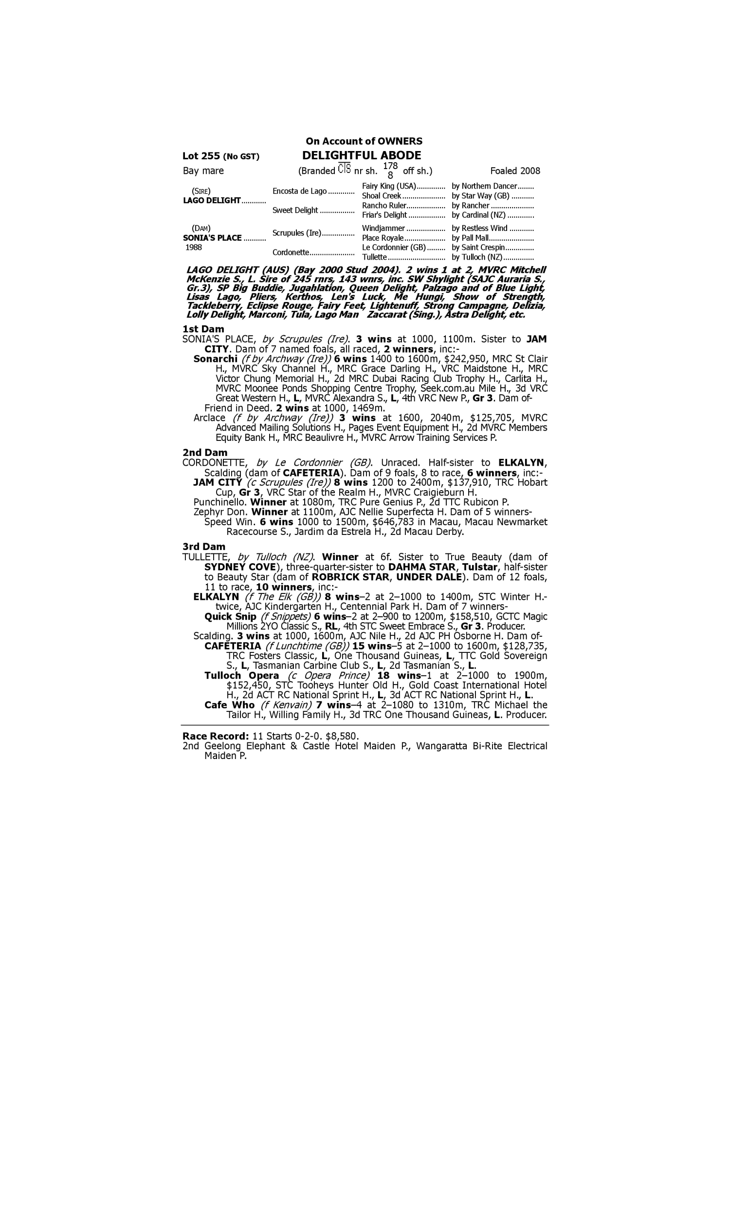 Pedigree for Lot 255 Lago Delight - Sonia's Place