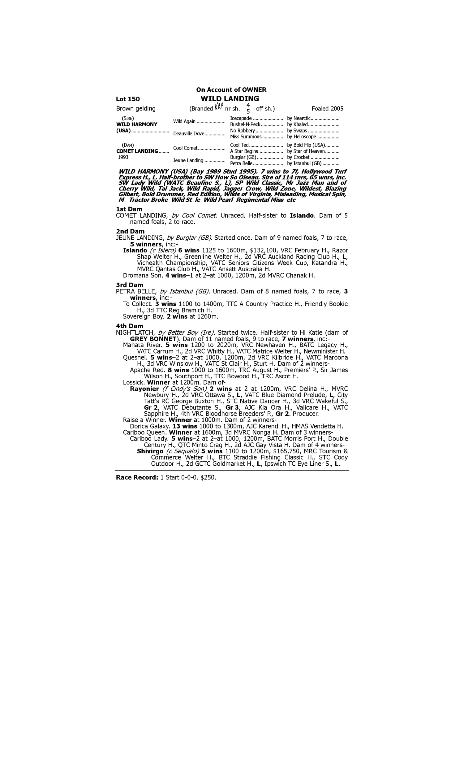 Pedigree for Lot 150 Wild Harmony (USA) - Comet Landing